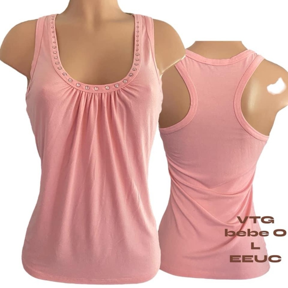 Vintage Y2K bebe O pink razorback tank top with pink gemstones around neck